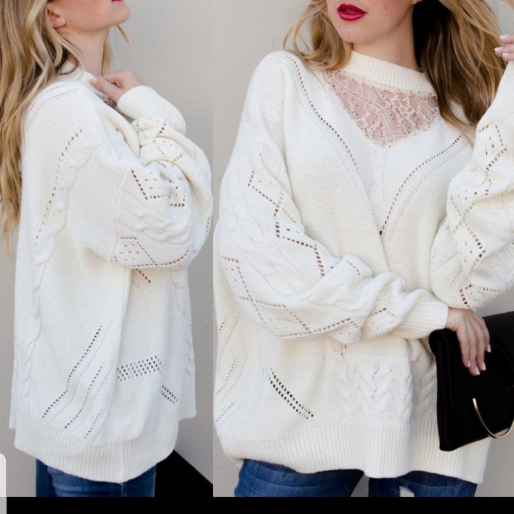 NWT Boutique Cream Cable Knit Lace Sequin Oversized Sweater S/M Boho Cozy - Picture 4 of 5